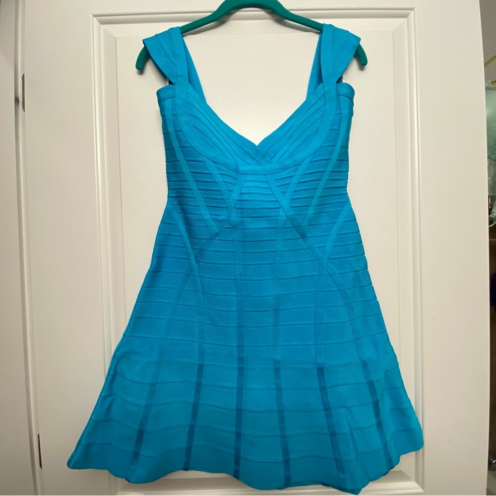 Herve Leger Blue Mini Bandage Sleeveless Dress L